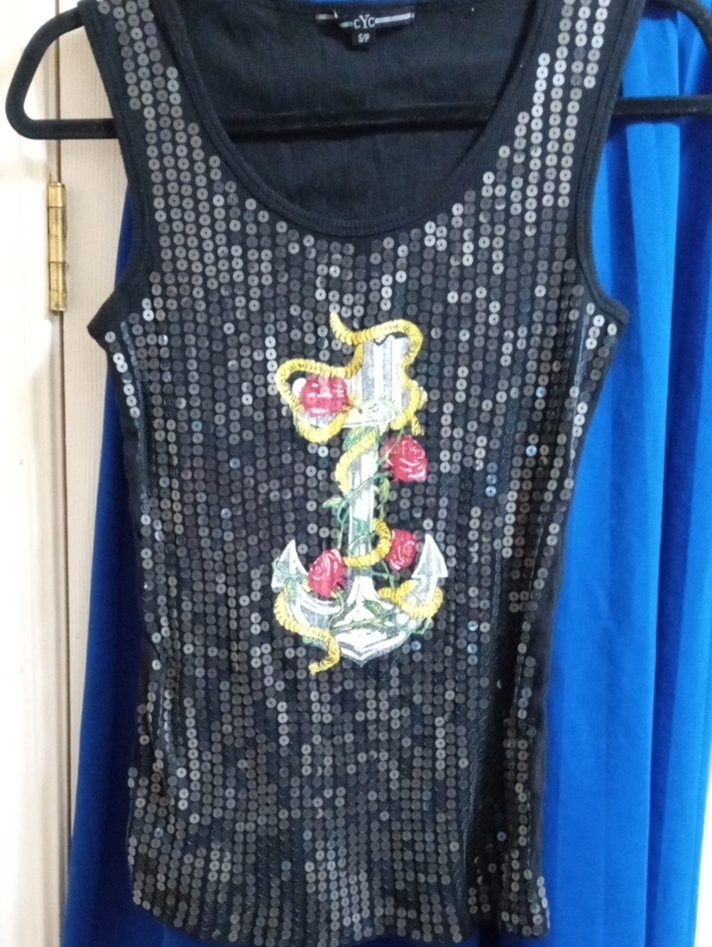 Black Sequin Anchor Tank with Floral Accent